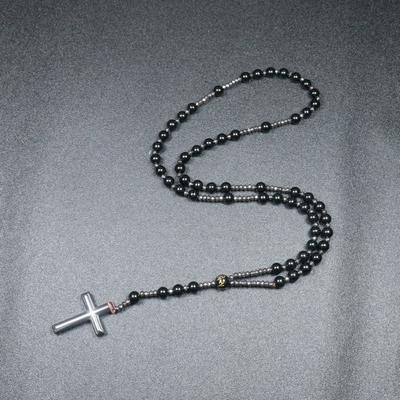 Collana Rosario in Onice Nera – Ciondolo Croce in Acciaio Inossidabile, Regalo di Protezione Spirituale per Uomini Donne