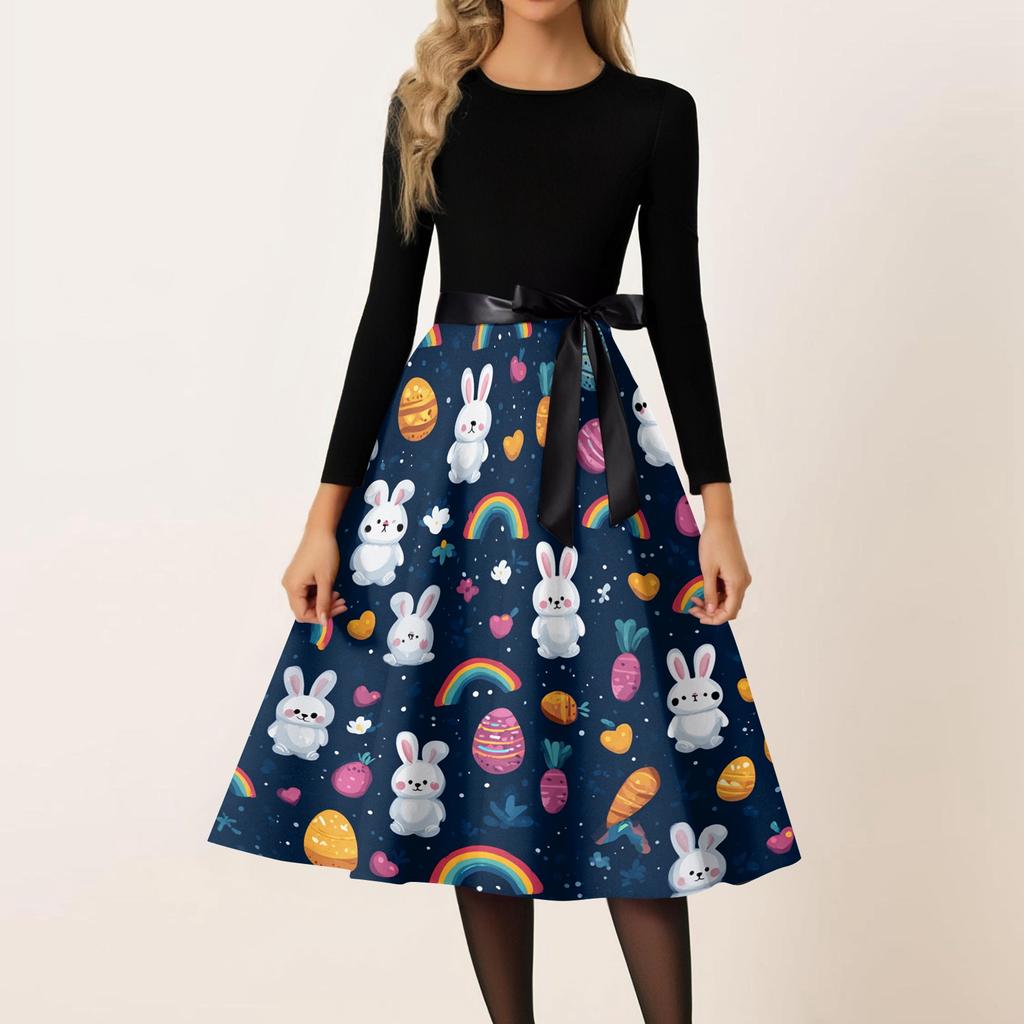 Damen Casual Mode Rundhals Karneval Bedrucktes Vintage Kleid