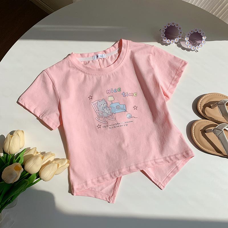 Girls Summer Cartoon Print Short Sleeve T Shirt Breathable Round Neck Baby Top Fashionable Kids Clothing 90cm