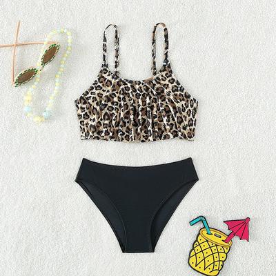 Traje de baño para niños de 5 a 14 años, conjuntos de Bikini de leopardo para niñas adolescentes, traje de baño de dos piezas dividido para verano
