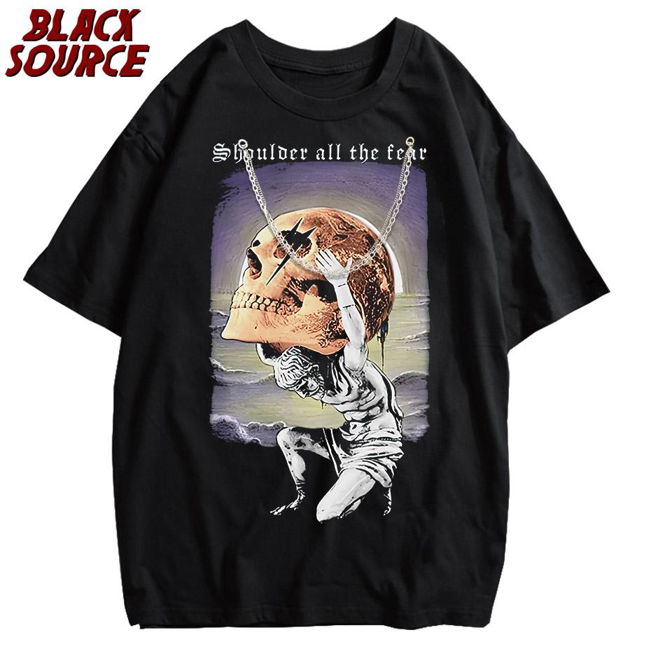 

Vintage T Shirt Skull Anime Mens Hip Hop Washed Camiseta Hombre Graphic Oversized T Shirt Hight Street Fashion M