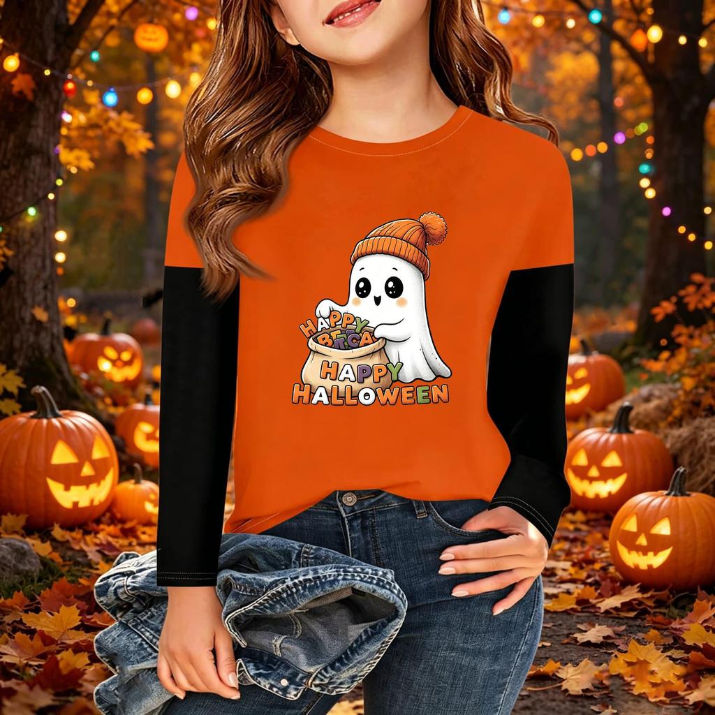Kids Halloween Print Long Sleeve Neck T-Shirt Casual Top for Boys Girls