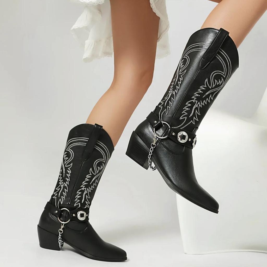 Fashion IPPEUM Women Cowboy Boots Mid Calf Western Shoes Silver Pu Leather Block Heel Plus Size 44 Mid Calf Cowgirl Shoes