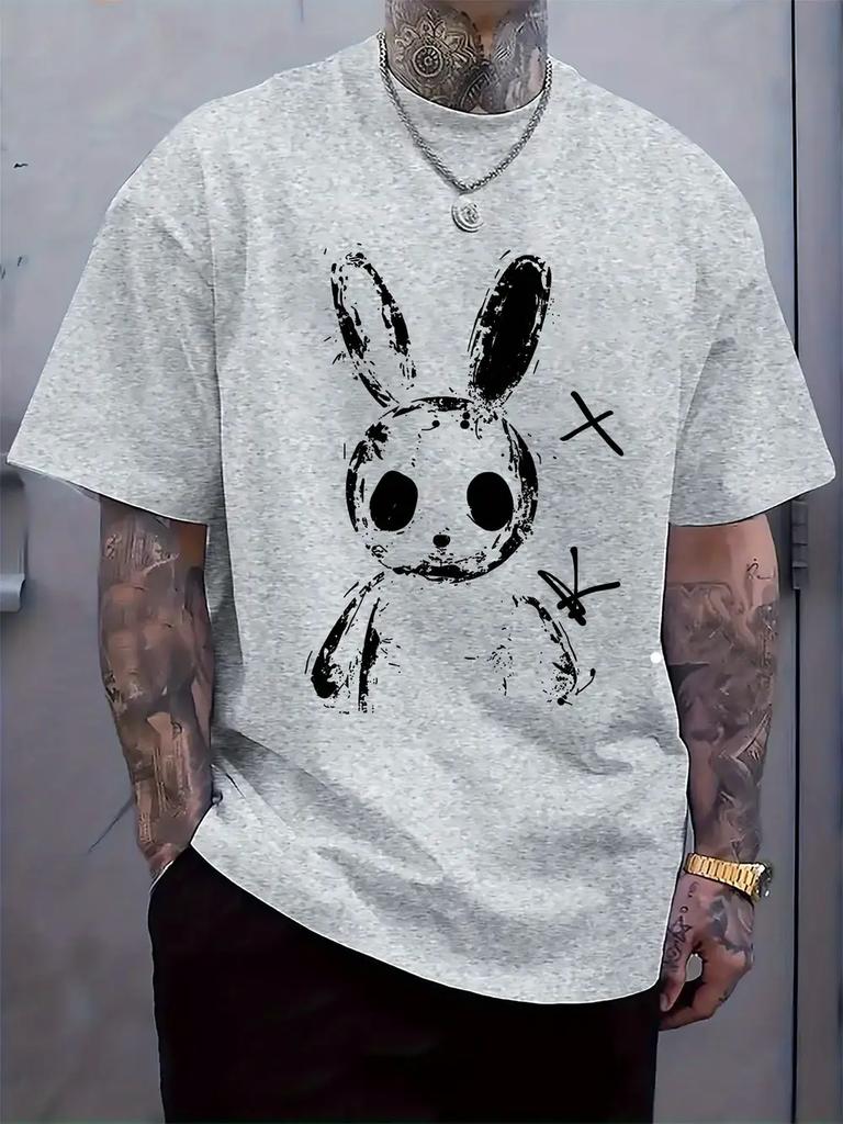 1-Pack Casual Round Neck Short Sleeve T-shirt with Black & White Rabbit Print
