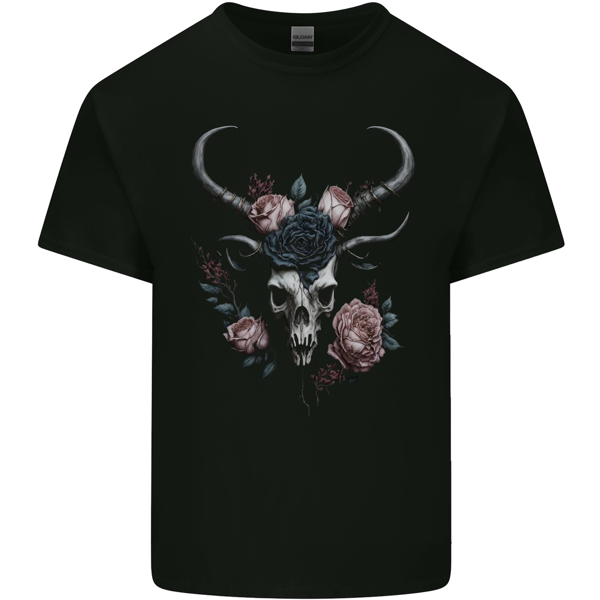 A Gothic Goat Skull With Flowers Roses Goth Unisexs Light Cotton TShirt S