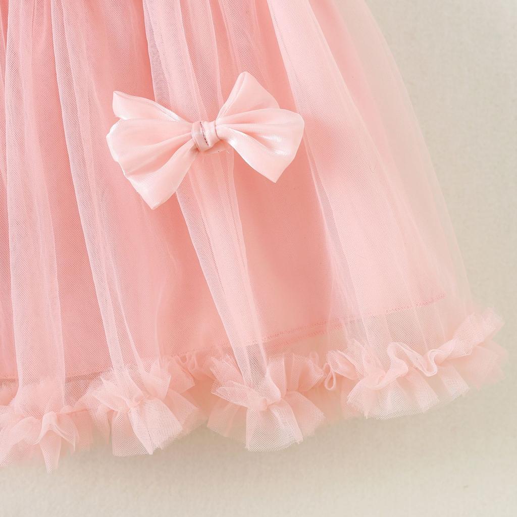 Girls' Fashionable Bow Tie Netted Chiffon Dress - Summer Children's Princess-style Dress