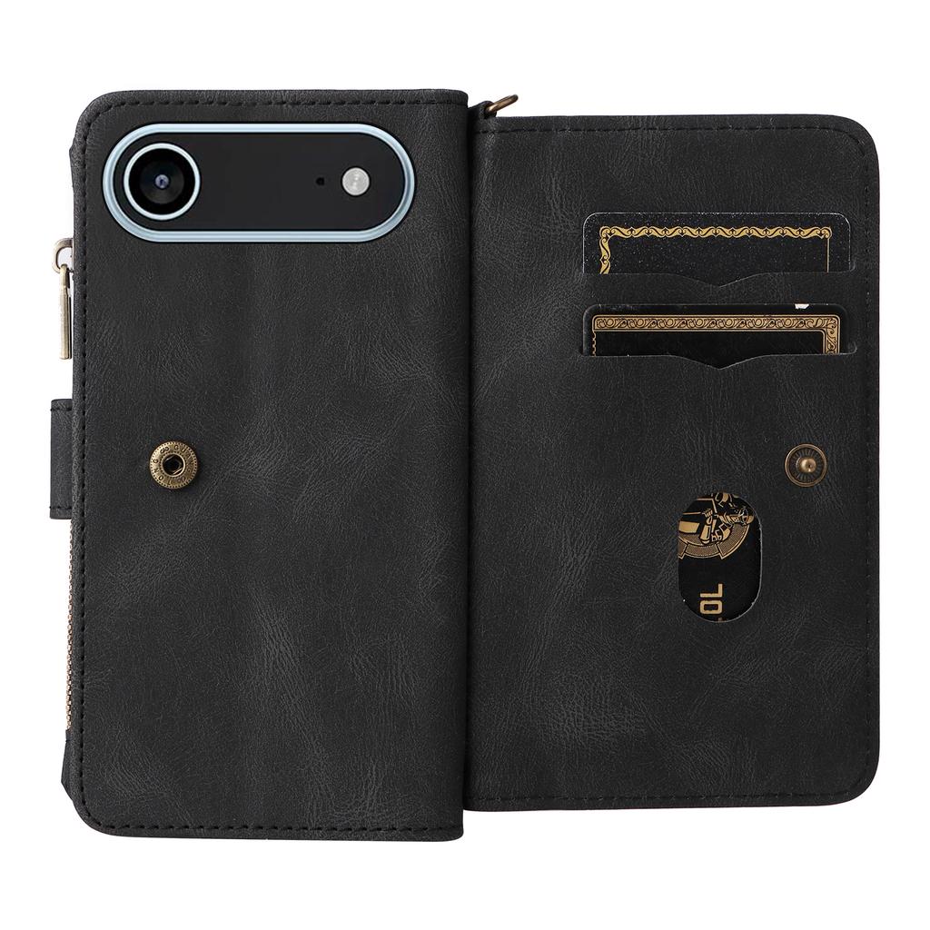 For iPhone 17 Air Zipper Wallet Case with 15 Card Slots and Strap Leather Phone Cover