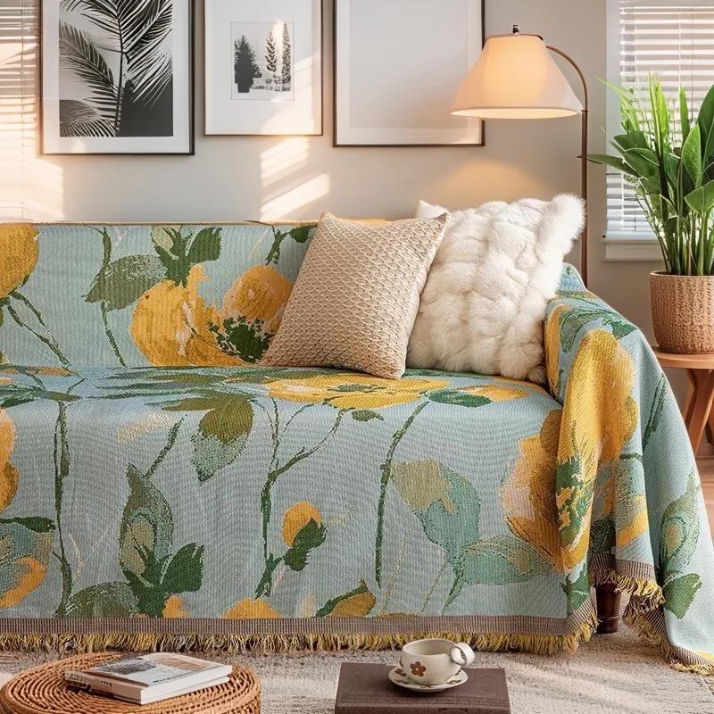 Retro Oil Painting Design Sofa Towel All Season Universal for Living Room Home Decor Tassel Sofa Cover Cloth Flowers Couch Towel