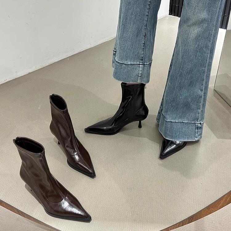 Pointed short boots women's autumn and winter 2025 new boots fleece short boots niche thin women's boots thin heel high heel boots