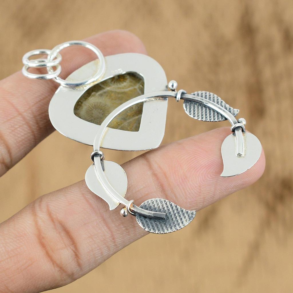 Memorial Day Deal Pear Fossil Coral Gemstone 925 Sterling Silver Pendant Jewelry