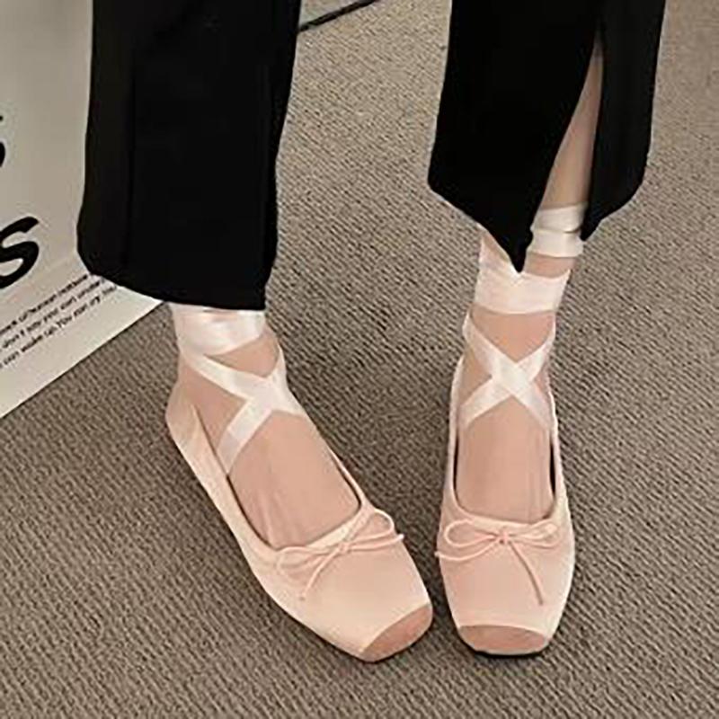 Lace Tie Leg Satin Ballet Flats Women Square Toe Bowknot Ballerinas Ladies Wedding Floral Shoes