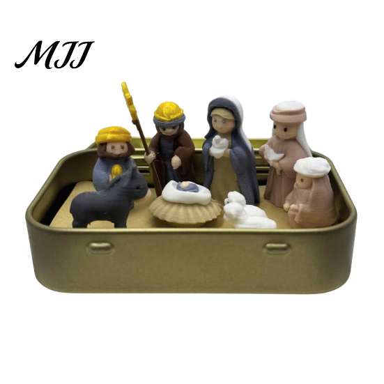 Nische Kreatives Weihnachtsgeschenk Mini-Weihnachtskrippe in einer Blechdose, 3D-gedruckte Taschengröße Heilige Familie Retro Metall-Aufbewahrungsbox Figuren,