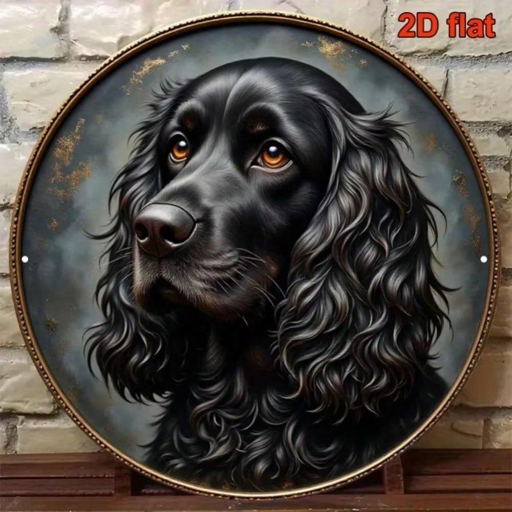 Vintage Black Kirk Spaniel Portrait Round Tin Sign for Home Office Pet Shop Wall Decor