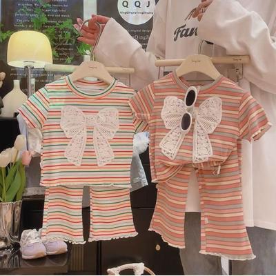 Ensemble de 2 pièces pour bébés filles Vêtements pour enfants Hauts rayés à manches courtes + Pantalons Ensembles pour tout-petits Déguisement Nœud Papillon Vêtements d'été pour enfants