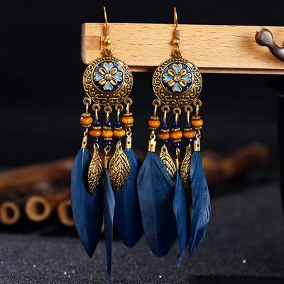 Bohemian Vintage Zircon For Women 2024 Trendy Carved Leaf Feather Tassel Long Earrings