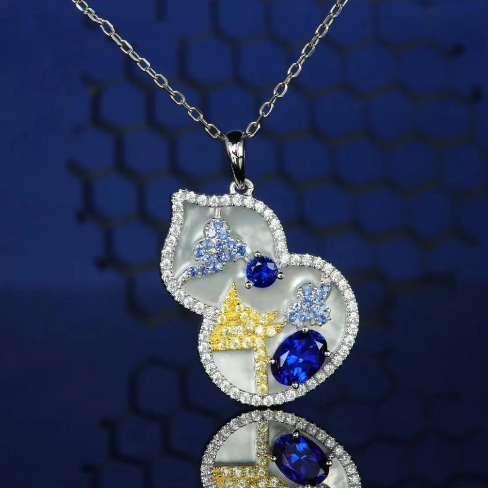 

Chinese Style Necklace with Bamboo Plum Orchid Mosaic Gem Mother of Pearl Fan Pink Diamond Royal Blue Gourd Pendant