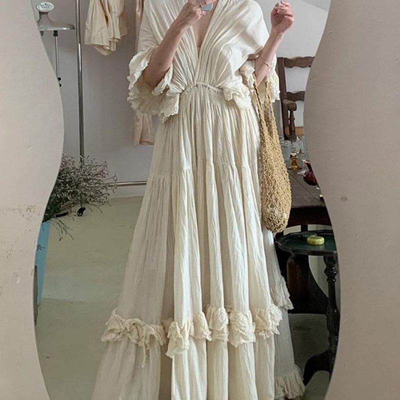 Niche High-End Lazy Style Loose Pleated V-Neck Ruffled Long Dress for Women