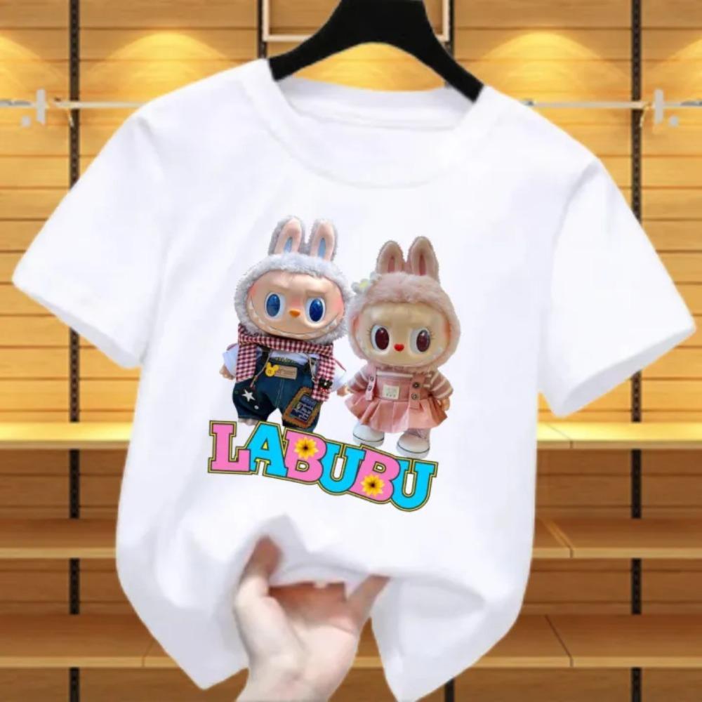 

Новая детская футболка Labubu Шарф LABUBU и Юбка с рисунком LABUBU Для девочки Круглый вырез Короткий рукав Повседневная Универсальная одежда 100
