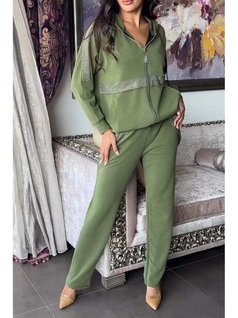 2024 Euro-American Solid Color Zip-Up Sweatshirt & Drawstring Pants Set - Women's Casual Two-Piece