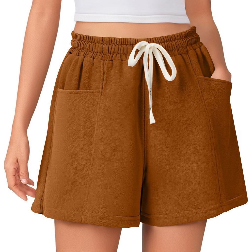 Damen Sommer Einfarbig Hohe Taille Kordelzug Bequem Lässig Sportshorts