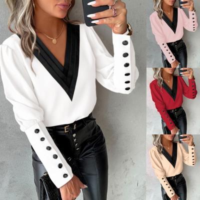 Damen Neue Mode V-Ausschnitt Bluse Frühling Herbst Einfarbig Langärmlig Knopfhemd