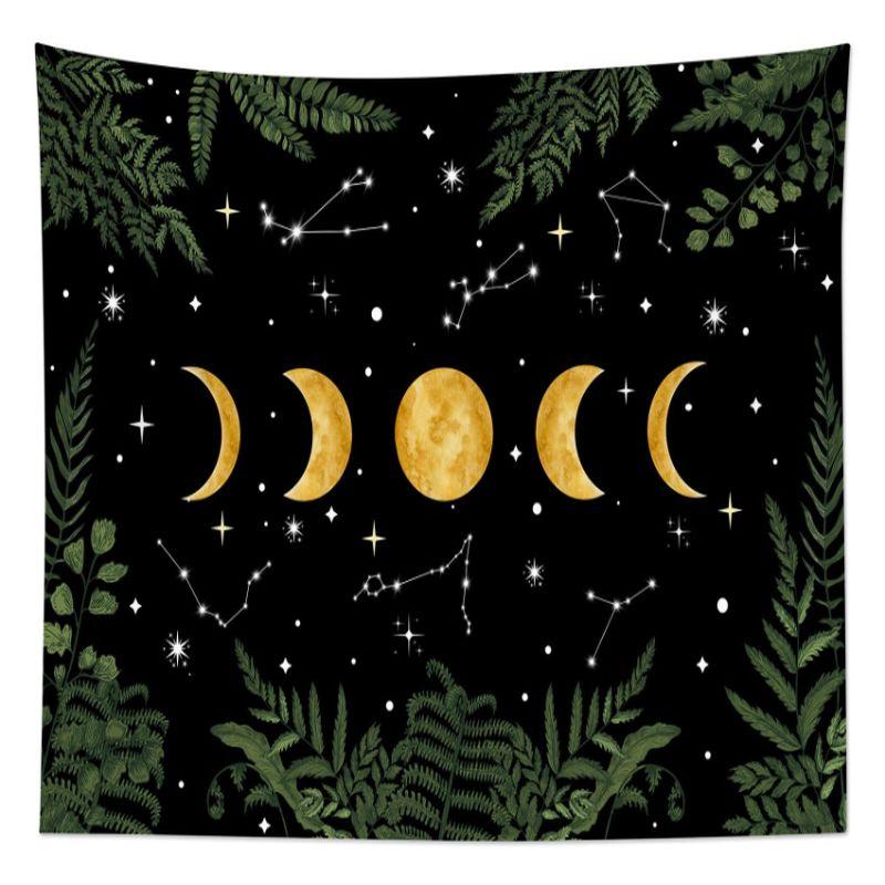 Moon Phase Constellation Fern Leaf Wall Tapestry Black Gold Lunar Cycle Star Zodiac Green Botanical Border Bedroom Living
