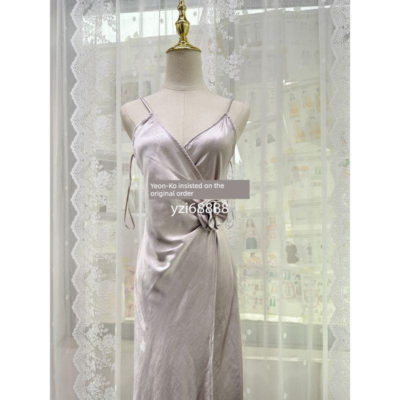 

Yanzi Export Pure Original Prett * Garba **Sling Smooth Material V Material Elegant Champagne Silver Camisole Gown Silver Gray Dress M