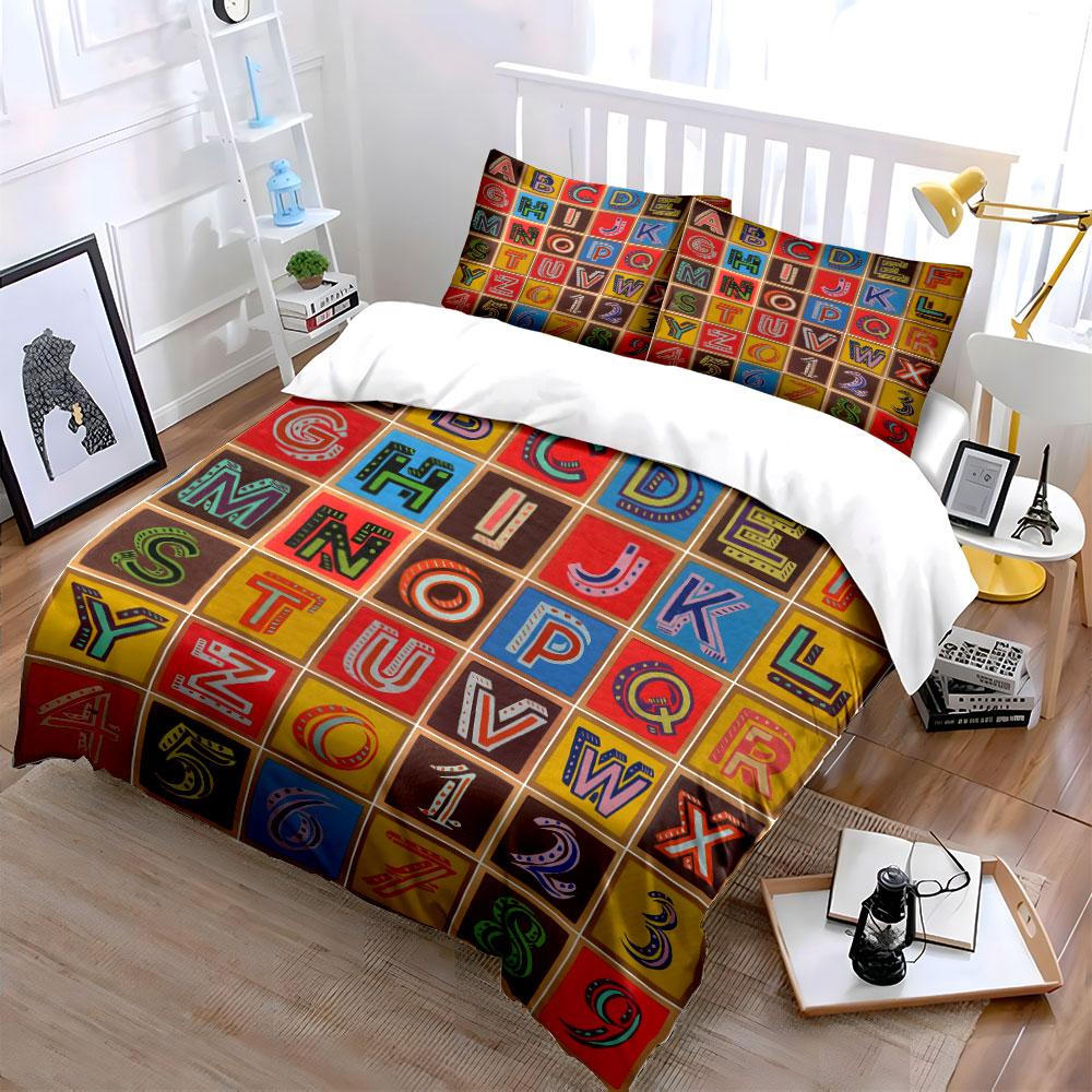 Colorful Alphabet and Numbers Pattern Bedding Duvet Cover Set (1*Duvet Cover 2*Pillowcases, Without Duvet Insert)
