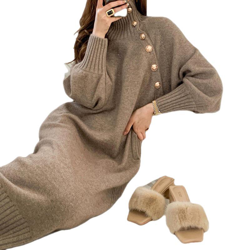 Spring 2026 French Style Elegant Knit Dress for Women - Long, Below-Knee, Ideal Inner Wear for Coats