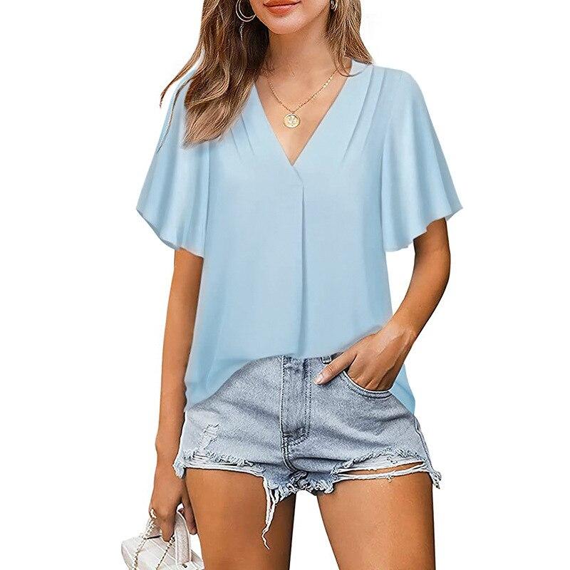 

2026 Summer Flare Short Sleeve Chiffon Blouse Woman Loose Elegant V-neck Shirt For Women Fashion Lady Tops Casual Blouses 24905 S восторг