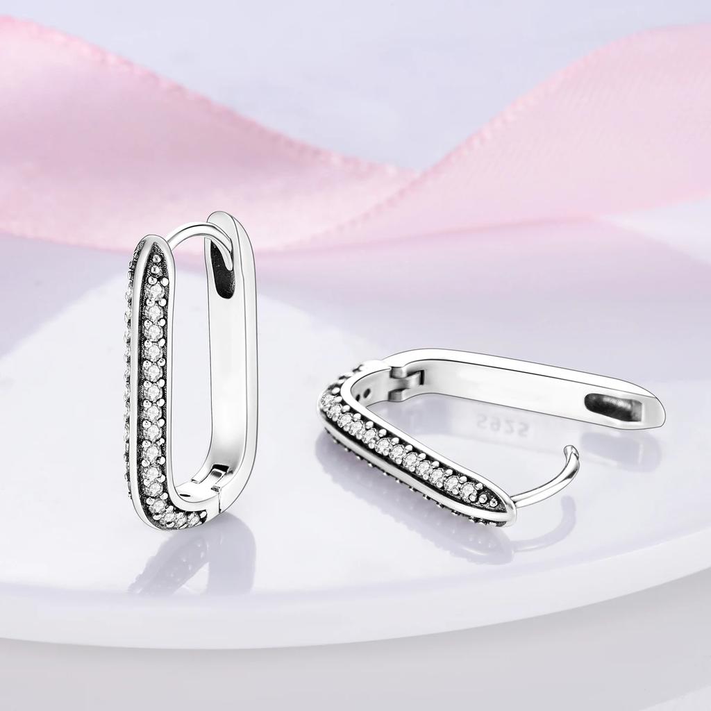 Original 925 Sterling Silver Women Hoop Earrings High Quality Shine Zircon U Shaped Classic Style Earring for Women Jewelry Gift