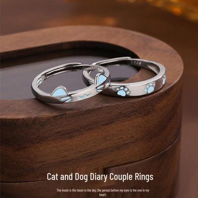 Luminous Cat & Dog Couple Rings: Cartoon Design, Adjustable, Perfect Valentine's Gift