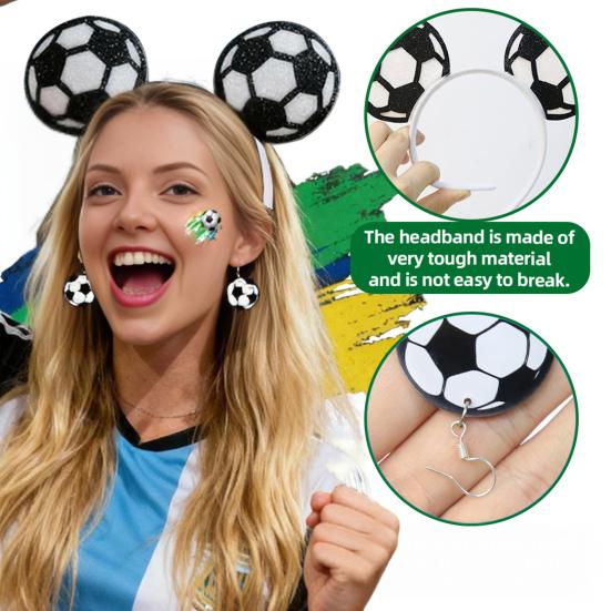 Conjunto de Tiara e Brincos com Adesivo Design Elástico Aro de Cabelo Conjunto de Brincos de Gancho Adereço de Animação com Tema de Futebol Acessórios para Dia de Jogo