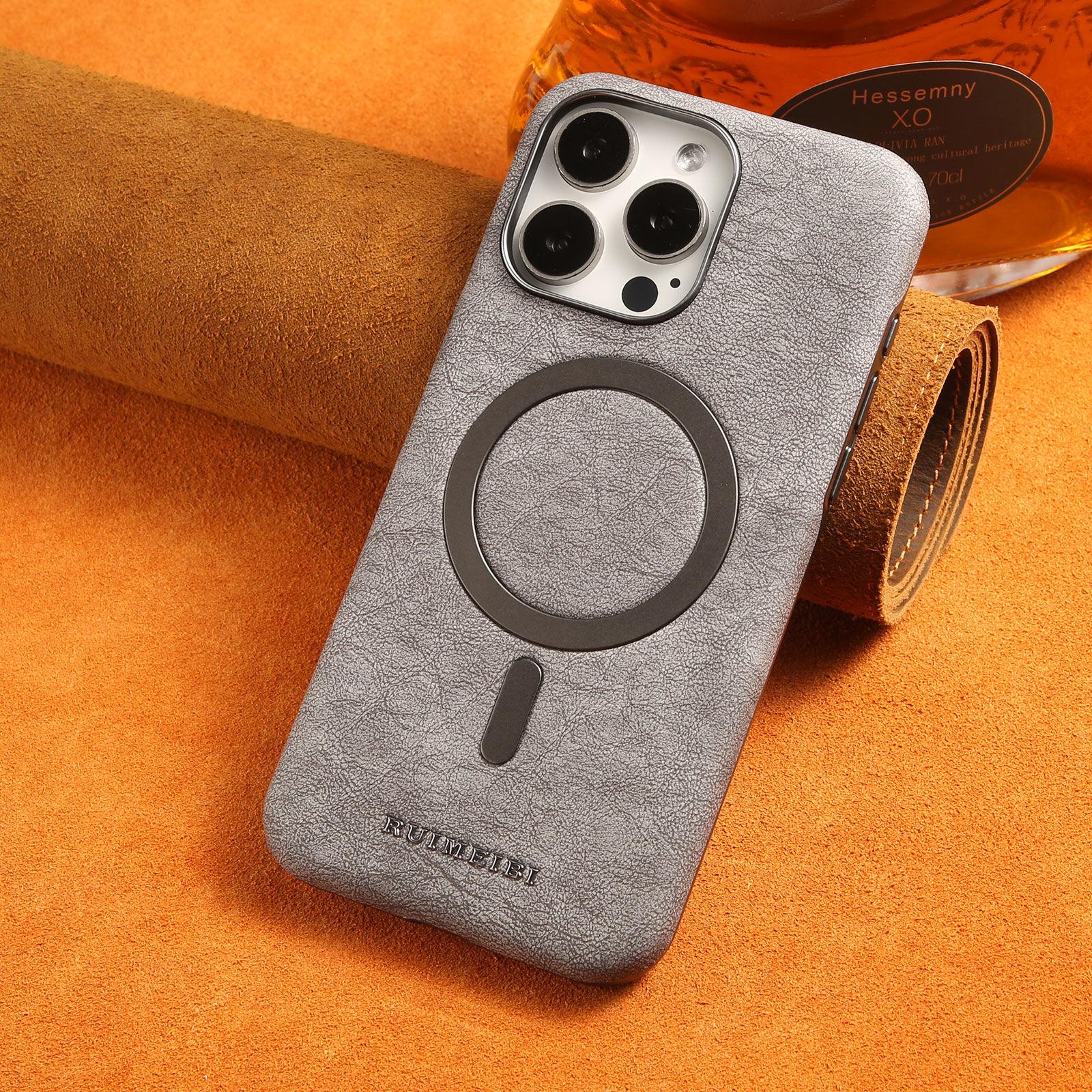 Чехол из кожи в стиле ретро для iPhone 16 ProMax - гальваническое магнитное кольцо Magsafe, устойчивое к падениям, чехол для телефона iPhone 16/15/14/13/Pro/Plus/Promax iPhone 13 Pro Max серый