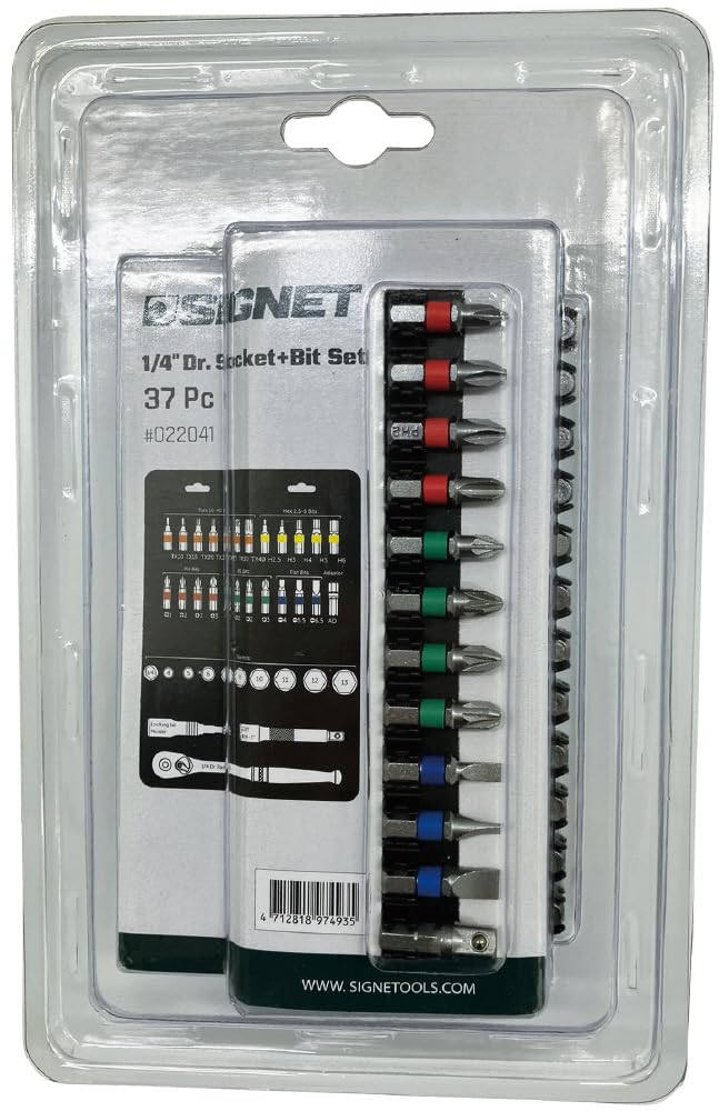 SIGNET Compact Storage Square Socket Bit Set with Ratchet Ideal for and Car Roll Choice 22041 1/4" Handle, 37-Piece Set, DIY, Bicycles, Tools,