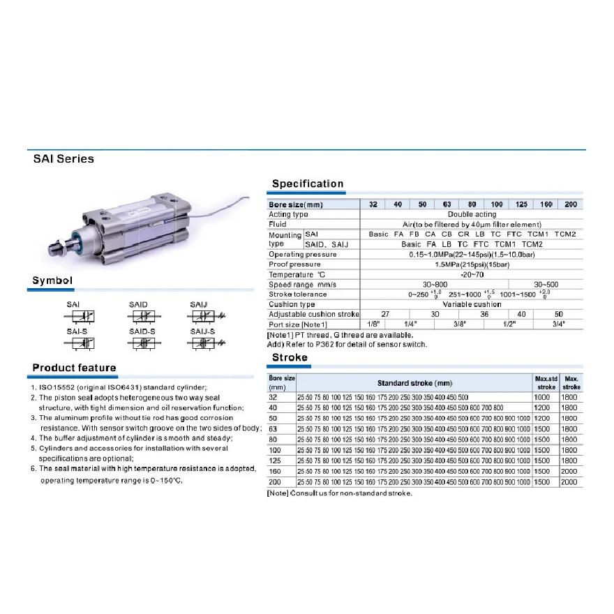 Airtac Type SAI Series Pneumatic standard cylinder SAI32 40 50 63 80 Bore 25s-350s Stroke Double Acting Pneumatic Cylinder