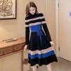 Koreańska moda Elegancki sweter z dzianiny Casual Dress Długi rękaw Lace-Up High End Stretch Knit Vintage Stripe Sukienki