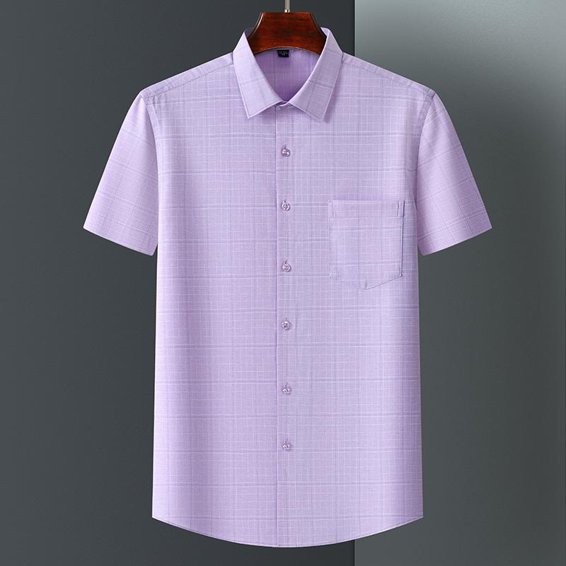 Men's Bamboo Fiber Short Sleeve Shirt Classic Solid Color Printing Plaid Business Formal Social Top Fashionable Office Wear 4XL