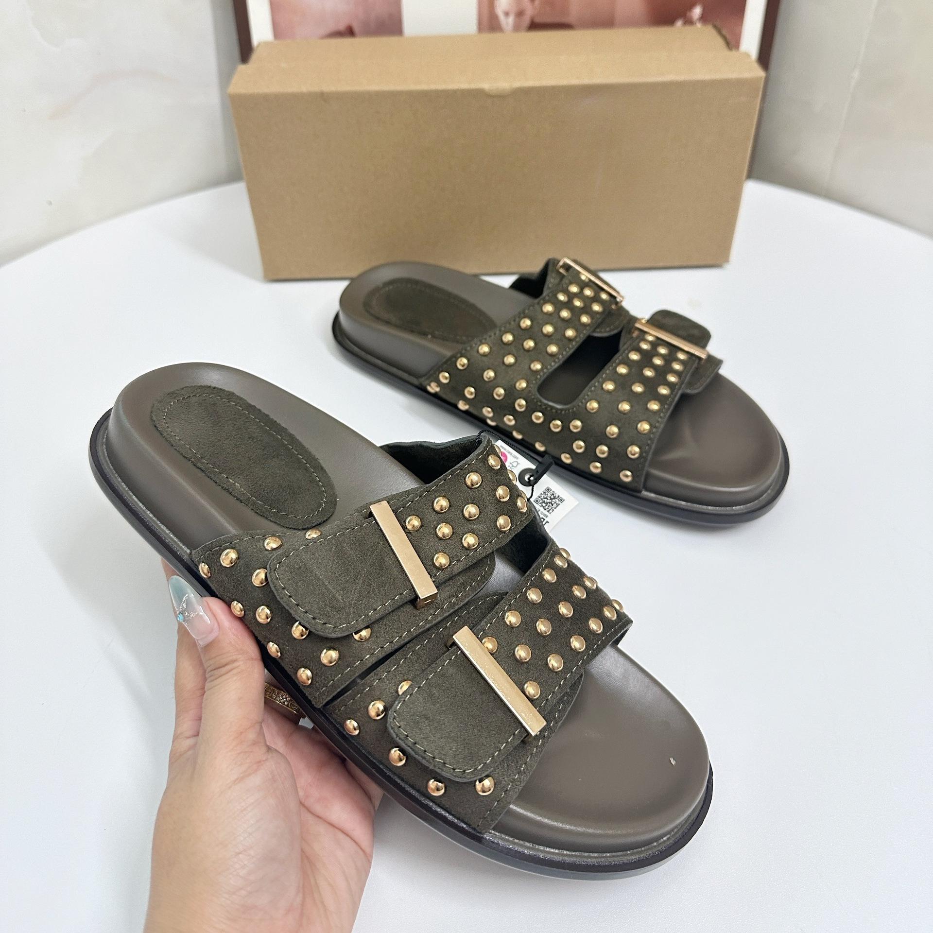 Women Summer Sandals Fashion   Slide Slipper Rivet Decor Suede Leather Double Buckle Strap Open Toe Casual Beach Footwear 36