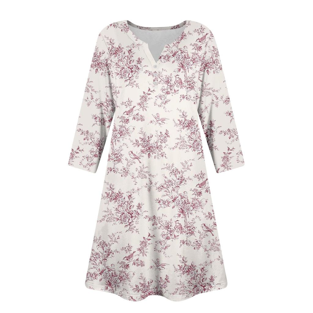 Women's Summer Dress Loose V Neck Three-quarter Sleeve Sundress With Pockets Dress