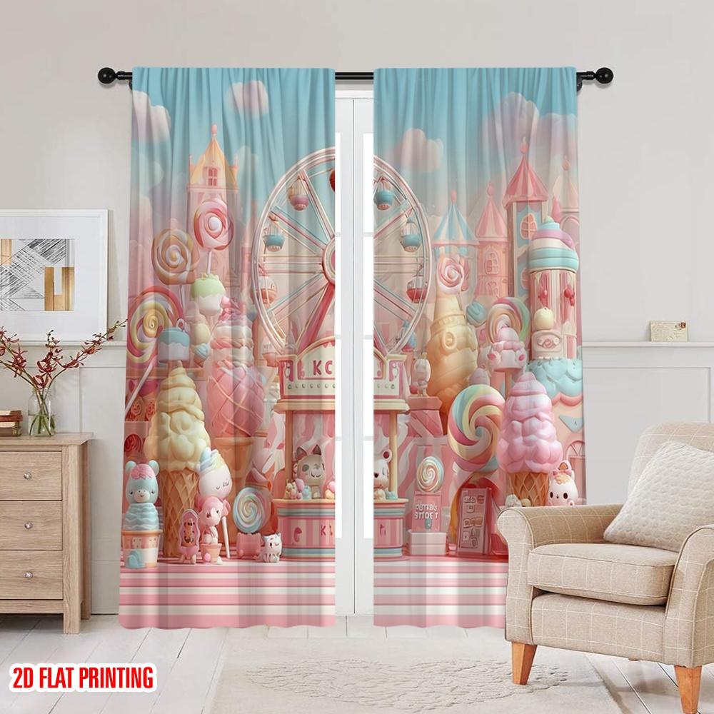2pcs,2D Plane Printing Curtains Digital Printed Dreamlike Candy Versatile Durable Polyester (without Rod) Decorations For Home