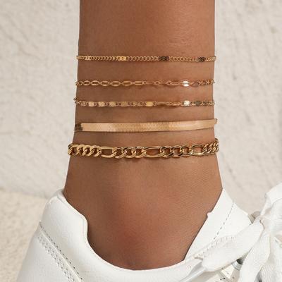 Ladies Gold Layered Bracelet Cuban Chain Anklet Chain Snake Bone Chain Tennis Chain Summer Beach Bracelet Set