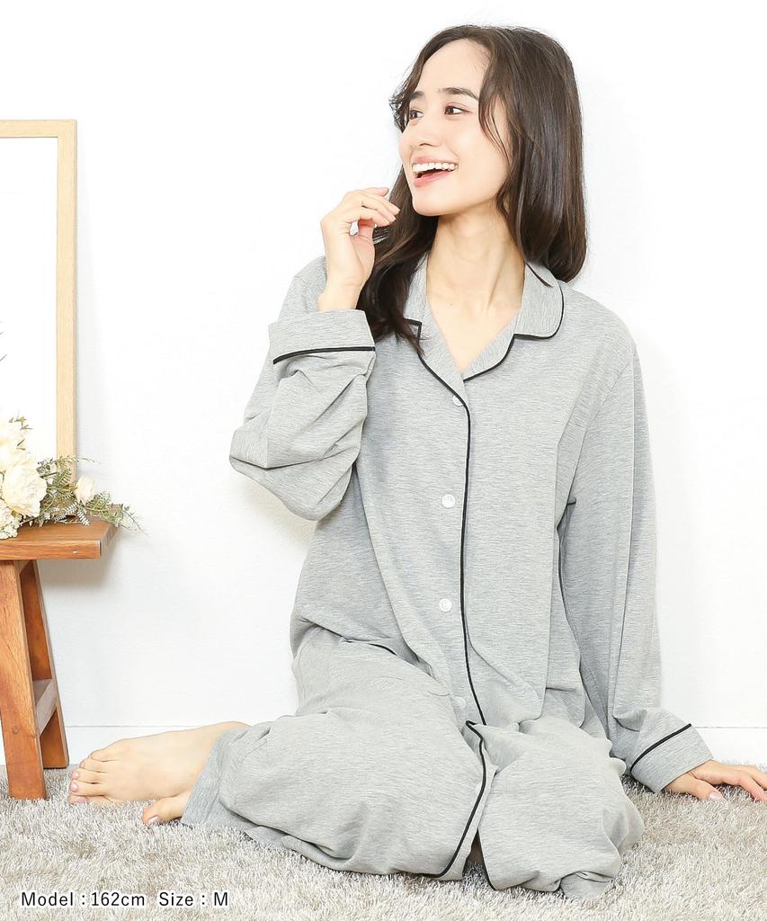 ON NISHIKI Long Sleeve Cotton Stretch Long Loungewear Size Women's Nightgown, Pajamas, Open-Front Dress, Spring/Autumn, Blend, Jersey, Length, (Gray