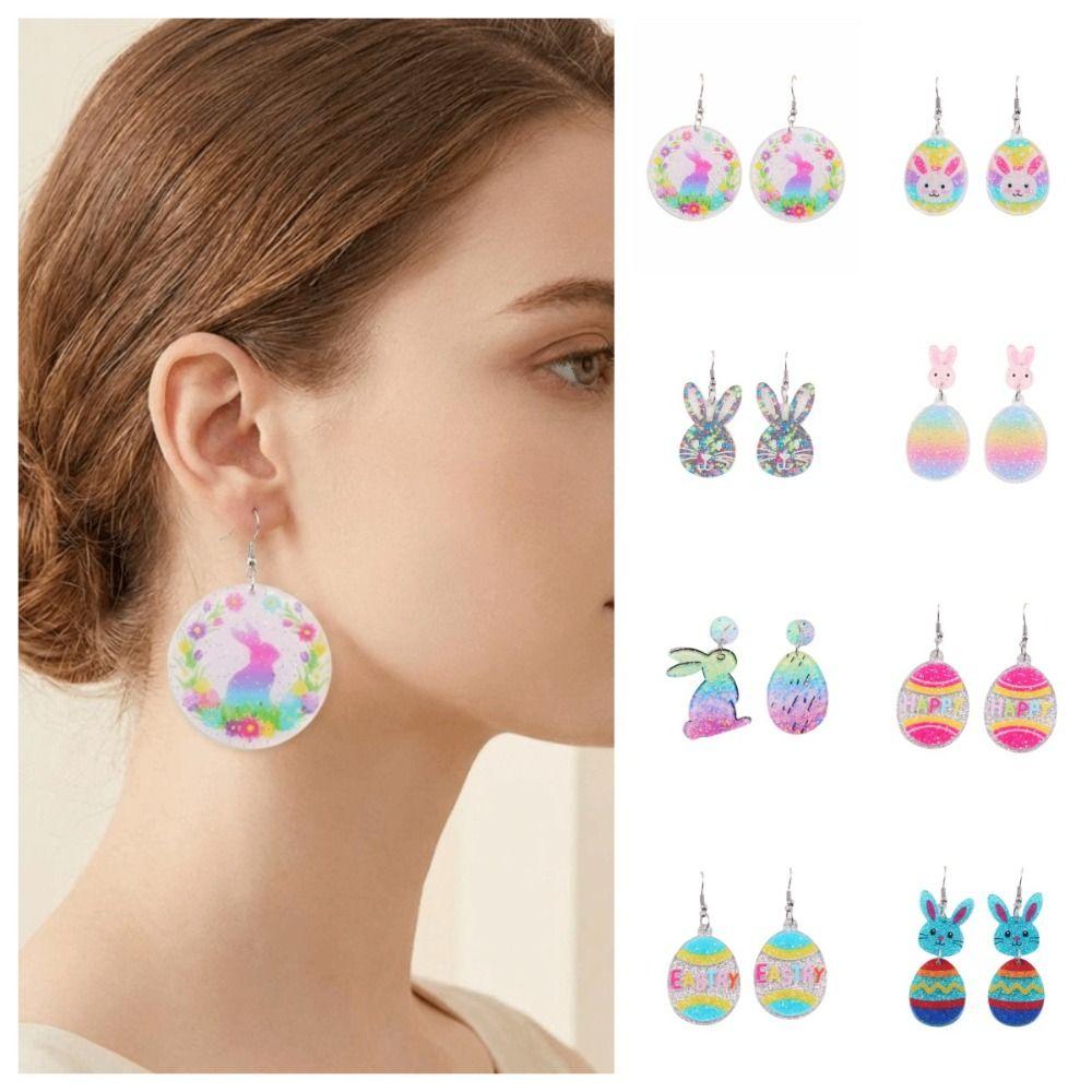 Creative Flower Easter Egg Earrings Acrylic Rabbit Bunny Pendant Earrings Cartoon Multicolor Easter Egg Dangle Earrings Party