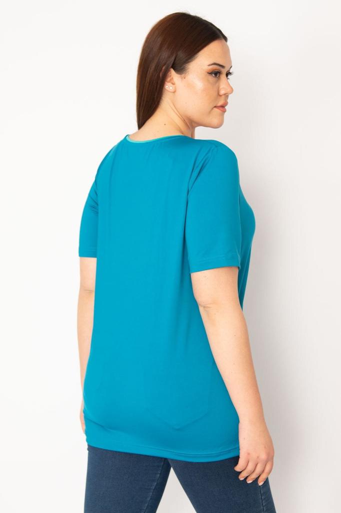 Damen Übergröße Bluse Grün Plus Size Einzelkragen Gerippte Sportbluse