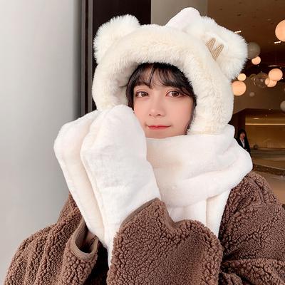 Winter Bear Ear Protection Hat Scarf Integrated Female Autumn and Winter Versatile Cute Hooded Plush Warm