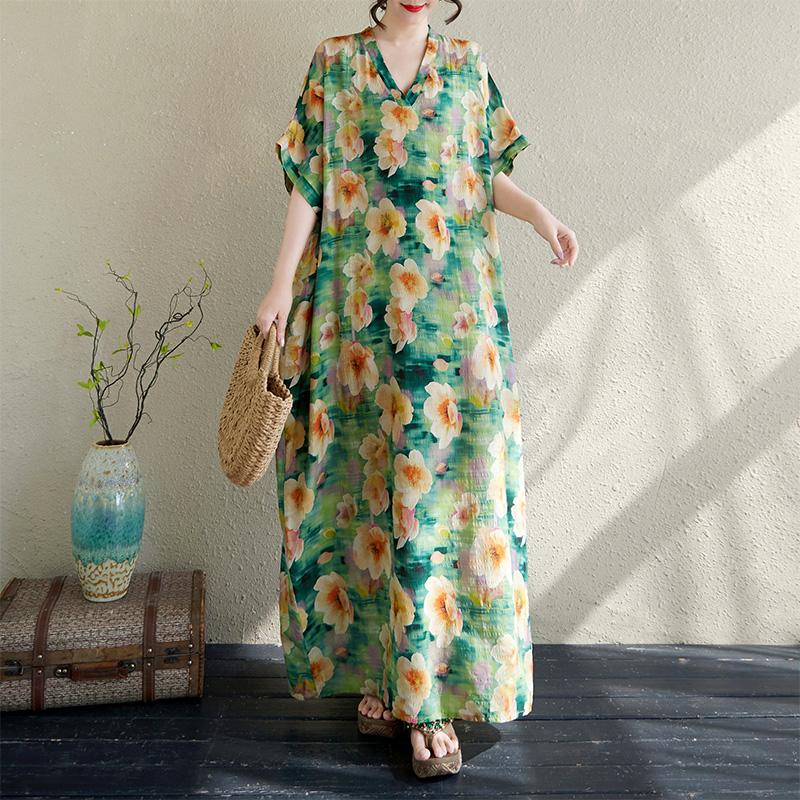 

DIMANAF Plus Size 2025 Summer Dress V-Neck Women Casual Vintage Flower Dress Basic Long Loose Dress Maxi One Size зелёный