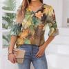Damen Casual Fashion V-Ausschnitt Pullover Lose Pendeln Floral Fünf-Punkt-Ärmel T-Shirt Top