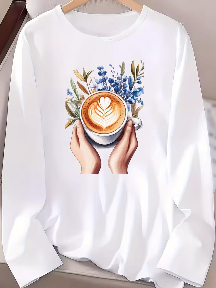 (Asian Size) Letter Cute Autumn Winter Spring Women Female Clothing Casual Tee Lady Printed O-neck Long Sleeve T Shirt  Fashion Top Graphic T-shirts
