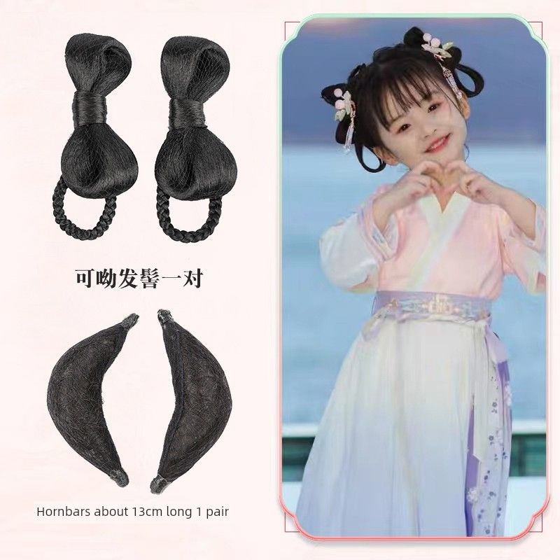 Ancient Costume Wig Kids Cute Bows Hair Bag Ancient Style Han Chinese Clothing Cute Bun Combination Style Girls Performance Bun